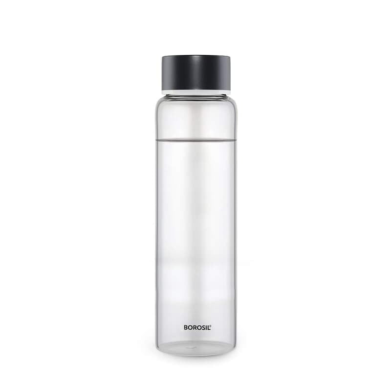 Borosil Crysto Glass Water Bottle, Water Bottle for Fridge Wide Mouth Borosilicate Glass Extreme Temperature Resistant For Hot & Cold Water, Milk, Lassi, Juice, Black Lid 750 ml, Stylish & Transparent