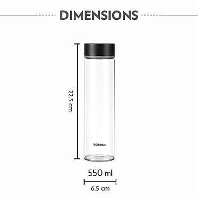 Borosil Neo Glass Water Bottle with Black Stainless Steel Lid | 550ml, Borosilicate Glass, Extreme Temperature Resistant, For Hot & Cold | Bottle for Water, Milk, Lassi, Juice | Transparent (2 pc Set)