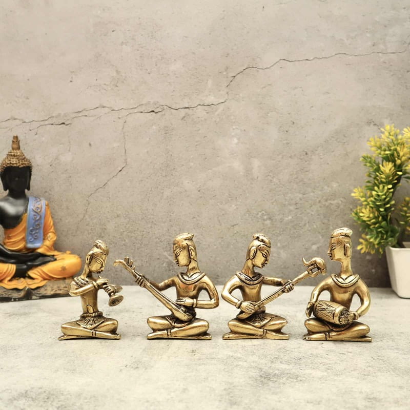 Brass Tribal Sitting Musical Set of four - 4.2 inch Height | Captivating Set of Four Brass Tribal Sitting Musicians for Decorative Charm Brass Tribal Sitting Musical Set of four - 4.2 inch Height | Captivating Set of Four Brass Tribal Sitting Musicians for Decorative Charm
