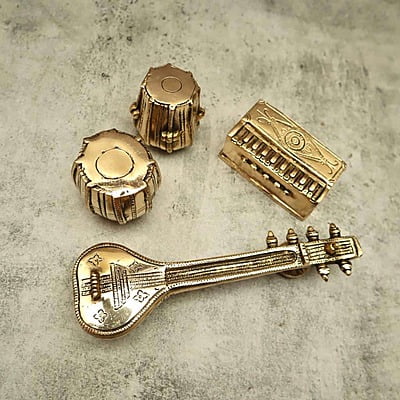 Brass Musical Decor Set - Tabla, Dugi, Sitar and Harmonium - 2.5 inch Height | Decorative Brass Musical Set with Tabla, Dugi, Sitar, and Harmonium