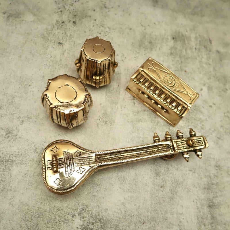 Brass Musical Decor Set - Tabla, Dugi, Sitar and Harmonium - 2.5 inch Height | Decorative Brass Musical Set with Tabla, Dugi, Sitar, and Harmonium Brass Musical Decor Set - Tabla, Dugi, Sitar and Harmonium - 2.5 inch Height | Decorative Brass Musical Set with Tabla, Dugi, Sitar, and Harmonium
