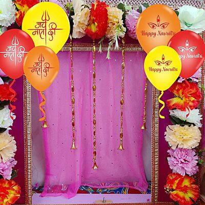 The Magic Balloons Store-Happy Navratri customized Balloons, Navratri decorations at mandap/ home Pack of 30 multicolour Metallic yellow, metallic orange metallic white balloons- 181475