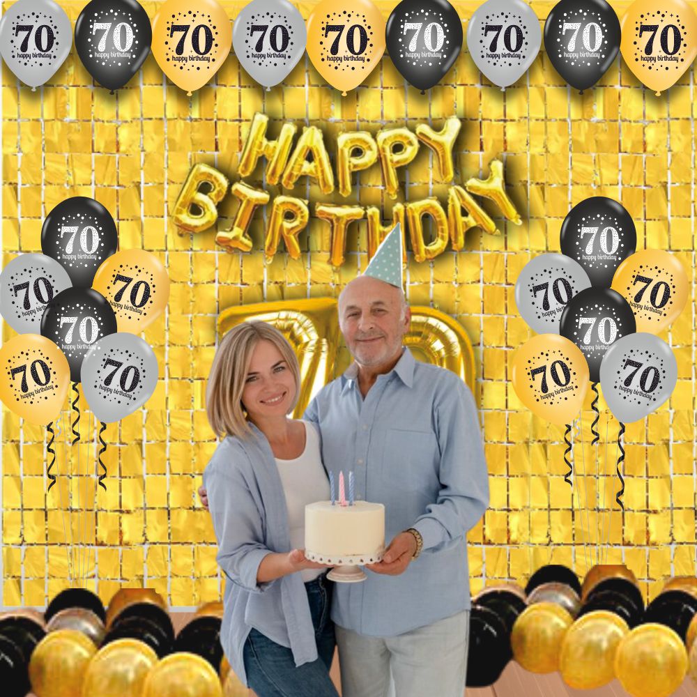 The Magic Balloons- Happy 70th Birthday decoration kit combo- 48 pcs Black Golden & silver 30 pcs rubber/latex balloons, Birthday Foil banner with 30 Number foil, 2pcs Golden foil Curtain & air-pump The Magic Balloons- Happy 70th Birthday decoration kit combo- 48 pcs Black Golden & silver 30 pcs rubber/latex balloons, Birthday Foil banner with 30 Number foil, 2pcs Golden foil Curtain & air-pump