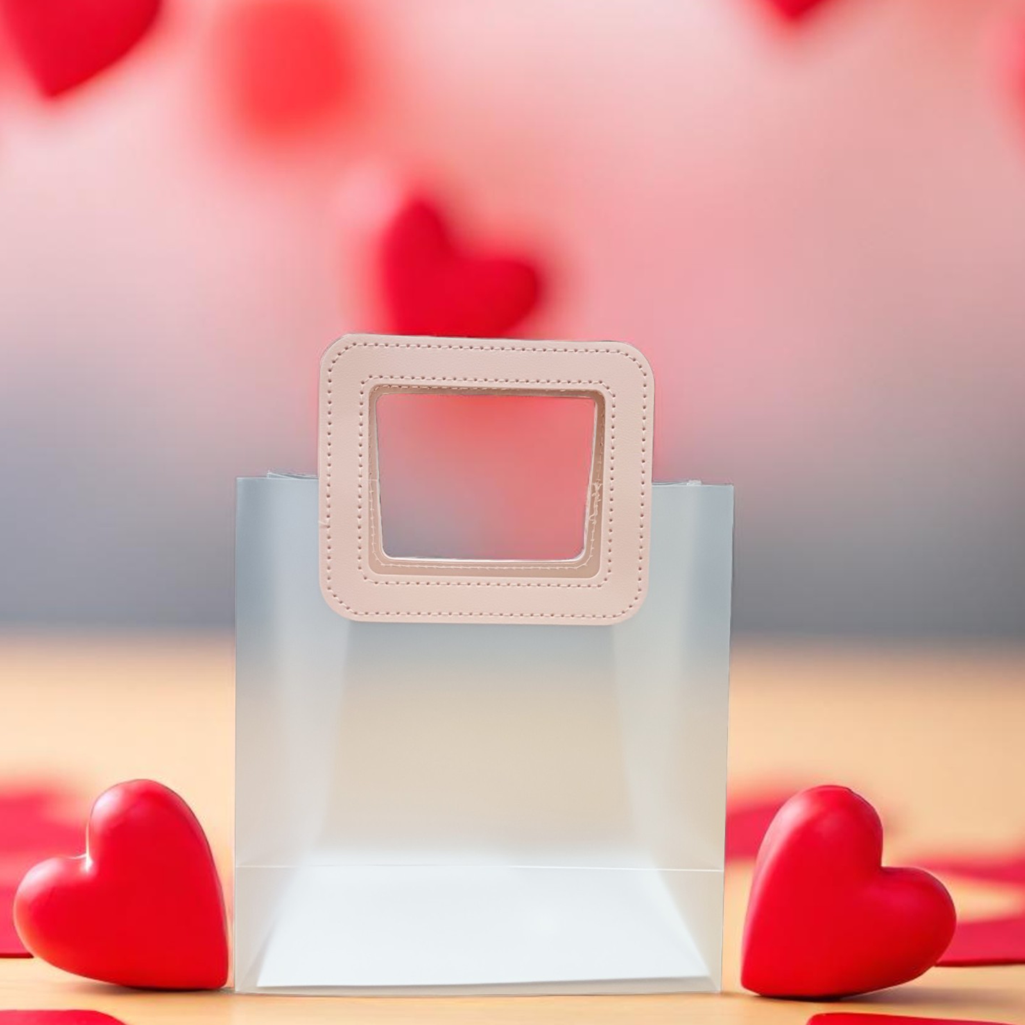 6 Pcs Small Transparent Gift Bags with Square Pink Handle Reusable | Party, Wedding, Return Gift, Hamper Packaging