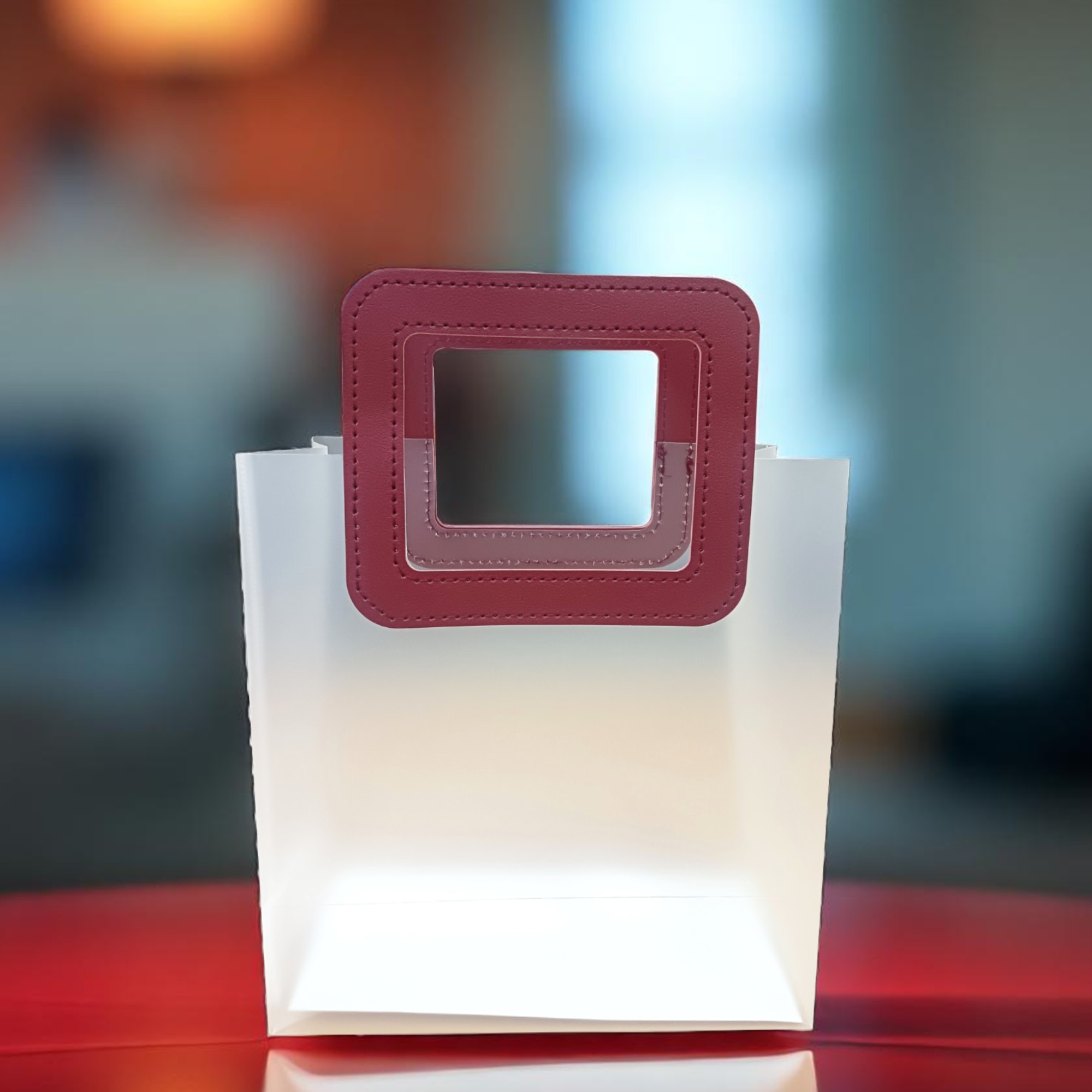 Set Of 6pcs Small Transparent Gift Bag with Square Maroon Handle | Stylish Reusable Bag for Wedding Return Gifts, Hampers, Party Favors, and Gifting