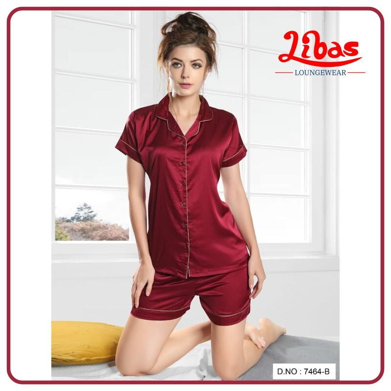Plain Maroon Armani Satin Women Shorts Set With Button Closure By Libas Loungewear - SPS020 Plain Maroon Armani Satin Women Shorts Set With Button Closure By Libas Loungewear - SPS020