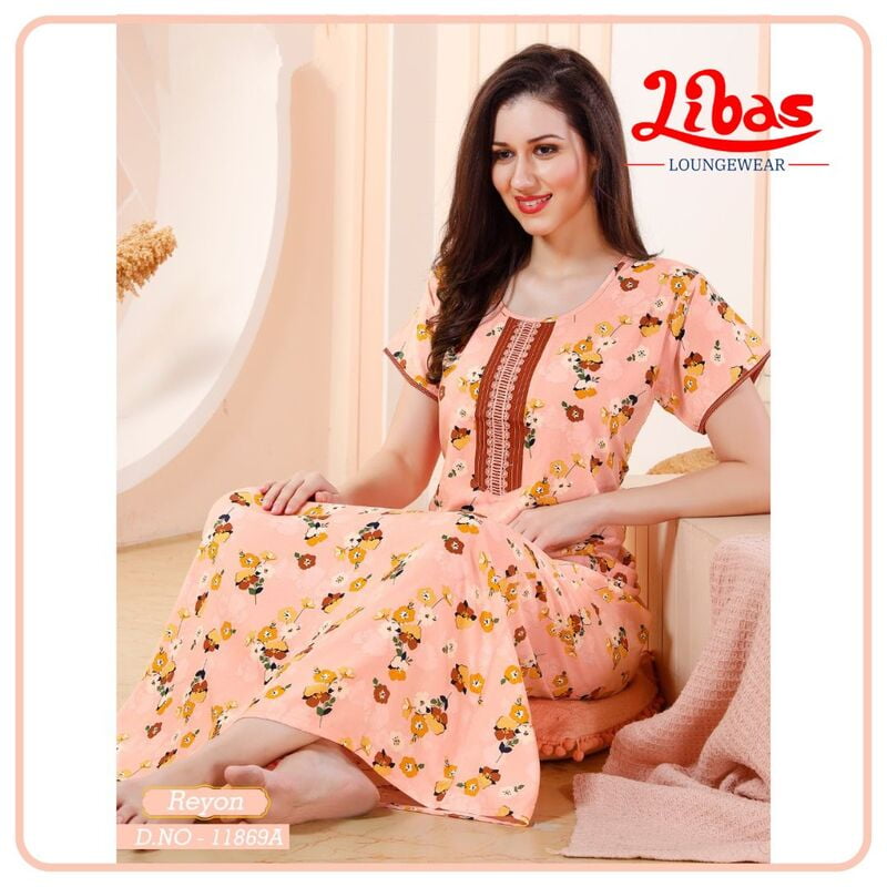Rose Pink Premium Rayon Nighty With Tiny Floral Design All Over From Libas Loungewear - AL878 Rose Pink Premium Rayon Nighty With Tiny Floral Design All Over From Libas Loungewear - AL878