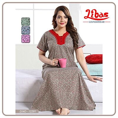 Rose Pink Cotton Nighty With Tiny Floral Print All Over From Libas Loungewear - AL940 Rose Pink Cotton Nighty With Tiny Floral Print All Over From Libas Loungewear - AL940