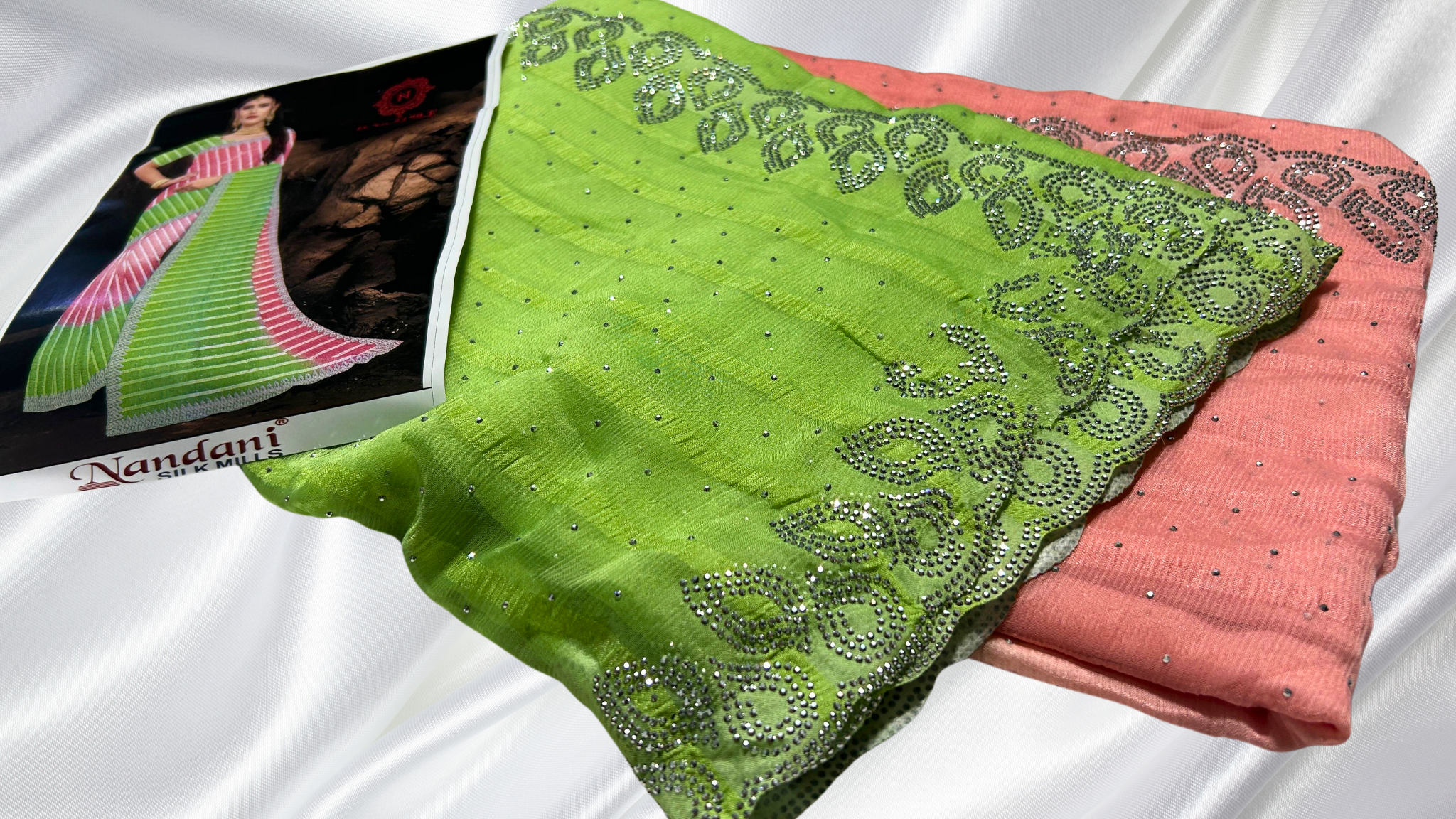 Grand Stone Work Popcorn Saree - Leaf Green & Peach