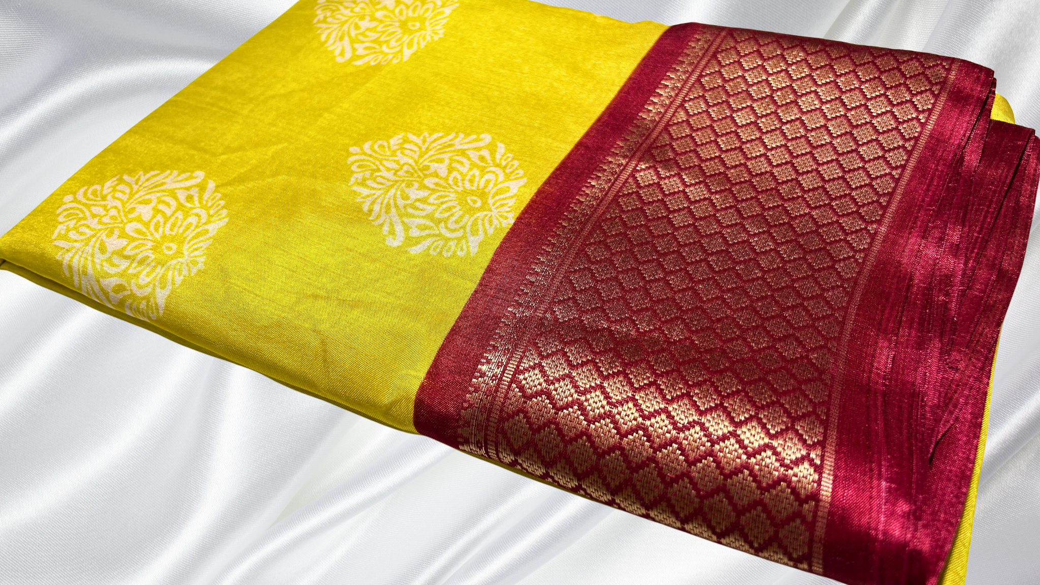 Dola Fancy Jari Saree - Yellow & Dark Red