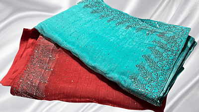 Space Stone Work Designer Saree - Turquoise & Apple Red