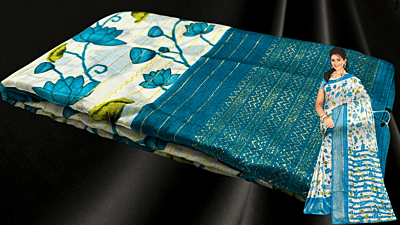 White Lotus Gold Foil Saree - Blueish Green