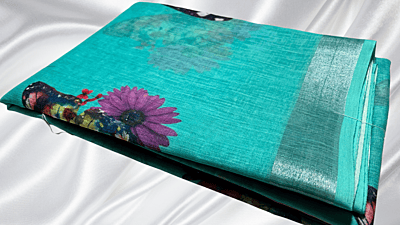 Linen Cotton Butterfly Saree - Turquoise