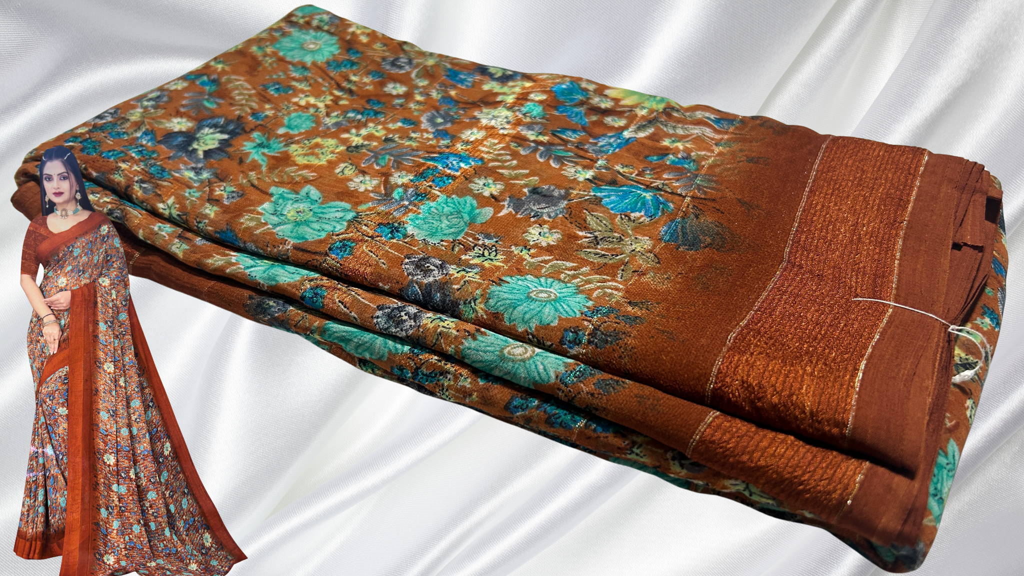 Marble Crush Chiffon Saree - Brick Orange