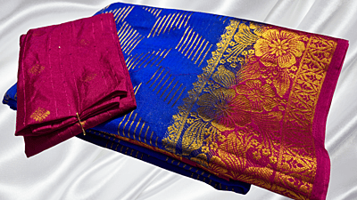 Premium Pure Mysore Silk Saree - Ink Blue & Dark Pink