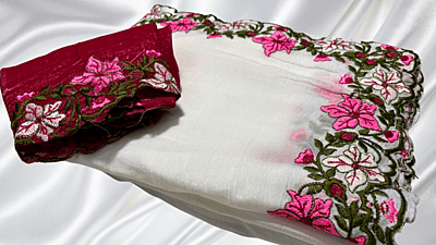 Fendy Shiny Floral Embroidery Saree - White & Rani Pink