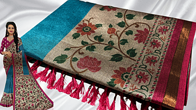 Chanderi Silk Digital Floral Saree - Turq Blue
