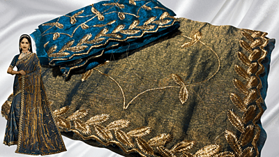 Premium Space Silk Embroidery Work Saree - Aqua Blue