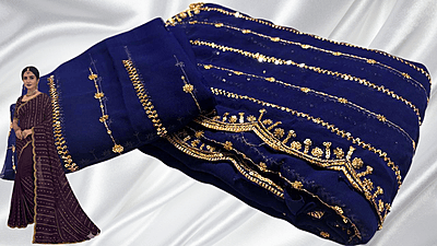 Full Trend Marble Gold Designer Saree - Dark Blue