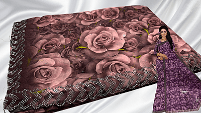 3D Digital Rose Stone Work Saree - Chocolate