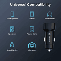 Portronics 30 W Car Charger (Black) Type-C & USB Portronics 30 W Car Charger (Black) Type-C & USB