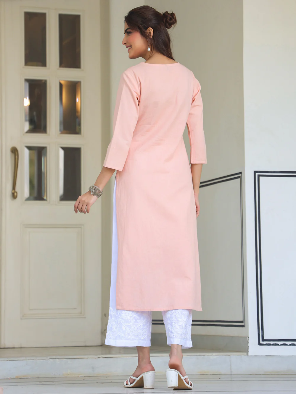 Janasya Women's Rust Pure Cotton Yoke Embroidered Straight Kurta