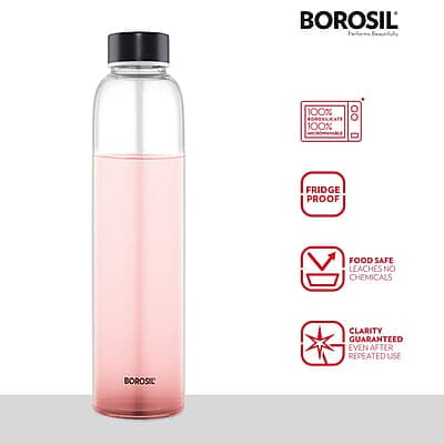 Borosil Crysto Slim Glass Water Bottle, Water Bottle for Fridge, Borosilicate Glass, Extreme Temperature Resistant, For Hot & Cold Water, Milk, Lassi, Juice, Black Lid, 550 ml, Stylish & Transparent