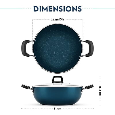 Borosil ProChef Non-Stick Aluminum Kadhai with Lid 22 cm | Gas Stove Compatible, Thick Uniform Body for Even Heating, Dishwasher Safe | 5 Layer Nonstick Coating, PFOA Free | 1 Year Warranty | Blue