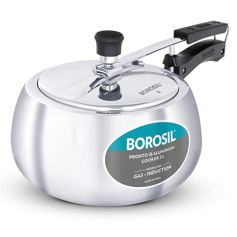 Borosil Pronto Induction Base Inner Lid Aluminium Pressure Cooker, 3.6 mm Thick Base, 2 L, Silver