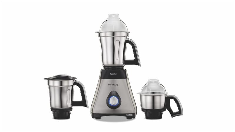 Preethi Steele Max MG-212 mixer grinder, 750 watt, Silver/Black, 3 Jars, Vega W5 motor with 2yr Guarantee