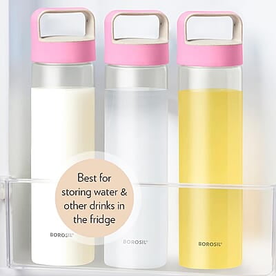 Borosil - Neo Glass Water Bottle|Fridge Bottle|Sports Bottle|Yoga Bottle|Outdoor|Picnic|Portable|Easy to Carry|Leak Proof|Resusable With Blue Handle, Transparent, Clear, See Through Bottle, 550 ML