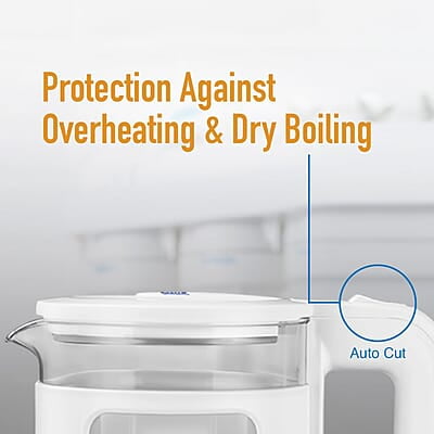 KENT Cool Touch Glass Kettle| 1500W | 1.8L Capacity | 360° Rotating Base | Overheating and Dry Boiling Protection | White