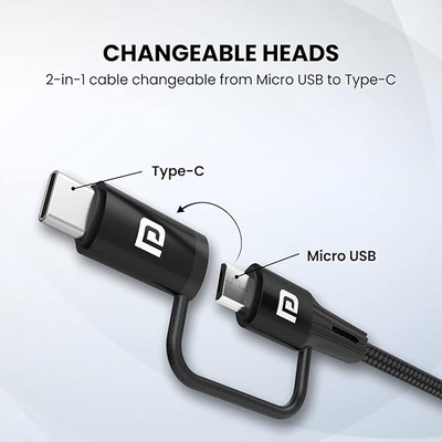 Portronics Konnect J7 20W Fast Charging with Dual Output (Type C + Micro USB), Changeable Metallic Heads, 480 Mbps Data Transfer, 1M (Black) Portronics Konnect J7 20W Fast Charging with Dual Output (Type C + Micro USB), Changeable Metallic Heads, 480 Mbps Data Transfer, 1M (Black)
