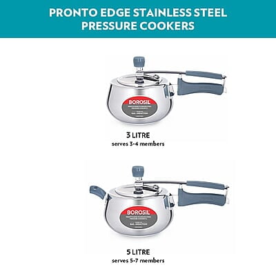 Borosil Pronto Edge Induction Base Inner Lid Stainless Steel Pressure Cooker, 3 L