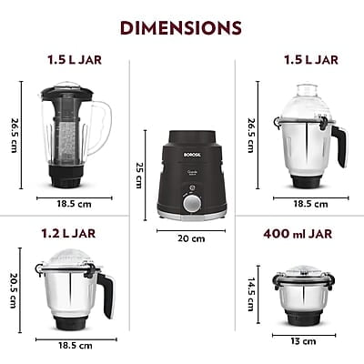 Borosil Grande 1000 W Mixer Grinder, With Double Ball Bearings, 4 Jars (3 SS Jars (1.5 L Blending Jar, 1.2 L Dry/Wet Grinder, 400 ml Chutney Jar) & 1 PC Jar with Fruit Filter) Mixie For Kitchen