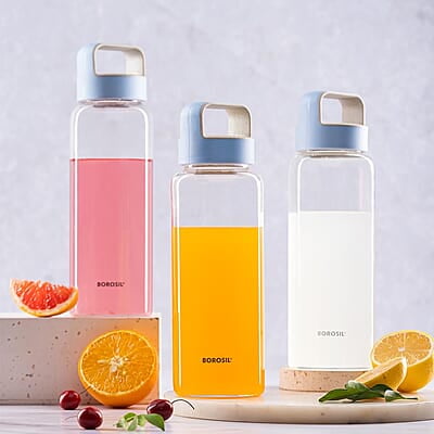 Borosil Crysto Glass Water Bottle, Fridge Bottle Set of 3, Borosilicate Glass, Extreme Temperature Resistant, For Hot & Cold Water, Milk, Lassi, Juice, Blue Husk Lid, 750 ml, Stylish & Transparent Borosil Crysto Glass Water Bottle, Fridge Bottle Set of 3, Borosilicate Glass, Extreme Temperature Resistant, For Hot & Cold Water, Milk, Lassi, Juice, Blue Husk Lid, 750 ml, Stylish & Transparent