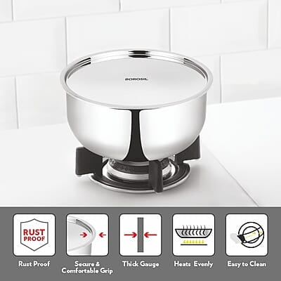Borosil Triply Stainless Steel 4.6 L (24 Cm) Tope with Lid | Gas, Induction, Hot Plate, Halogen Compatible