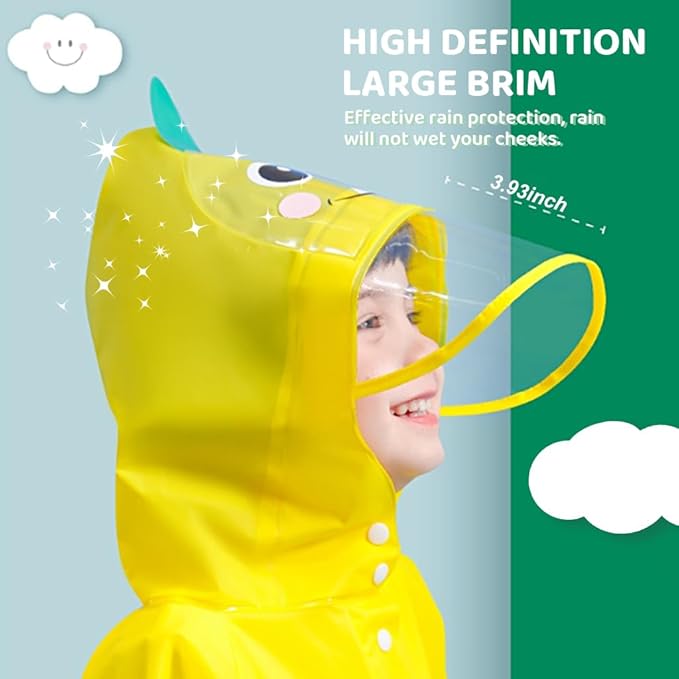 Dinosaur Kids Rain Coat EVA Hooded Jacket with Transparent Wide Brim Cartoon for Boys Girls 5-6 Years(No Boots Included)