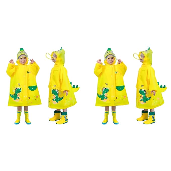 Dinosaur Kids Rain Coat EVA Hooded Jacket with Transparent Wide Brim Cartoon for Boys Girls 5-6 Years(No Boots Included)