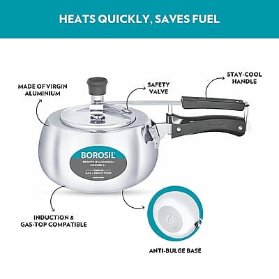 Borosil Pronto Induction Base Inner Lid Aluminium Pressure Cooker, 3.6 mm Thick Base, 2 L, Silver