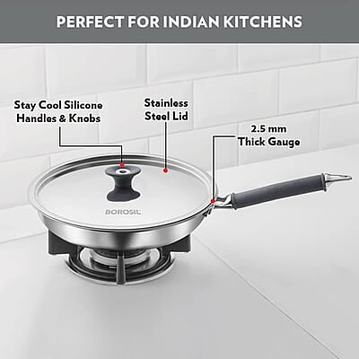 Borosil Cookfresh Tri-ply Stainless Fry Pan with Lid, Induction Friendly, 1.9 L, 24 cm Dia