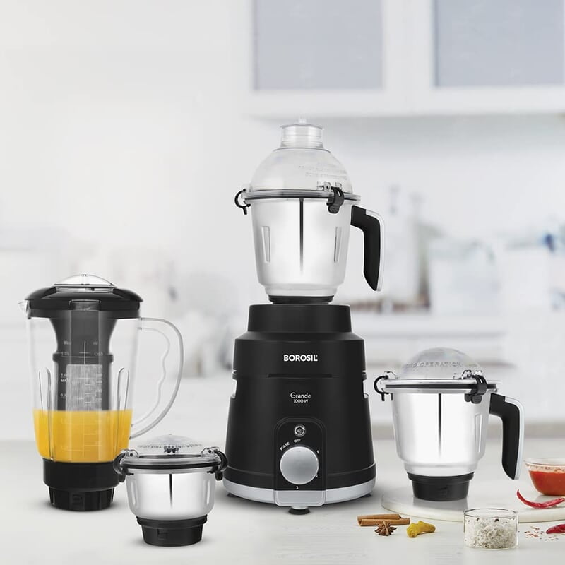 Borosil Grande 1000 W Mixer Grinder, With Double Ball Bearings, 4 Jars (3 SS Jars (1.5 L Blending Jar, 1.2 L Dry/Wet Grinder, 400 ml Chutney Jar) & 1 PC Jar with Fruit Filter) Mixie For Kitchen