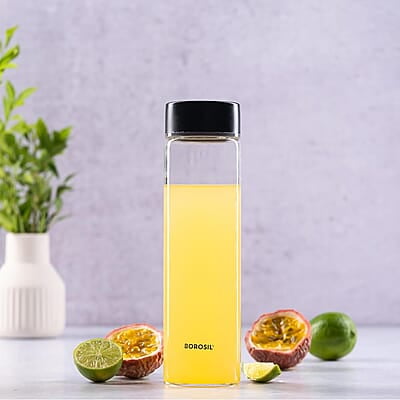 Borosil Neo Glass Water Bottle with Black Stainless Steel Lid | 550ml, Borosilicate Glass, Extreme Temperature Resistant, For Hot & Cold | Bottle for Water, Milk, Lassi, Juice | Transparent (2 pc Set)