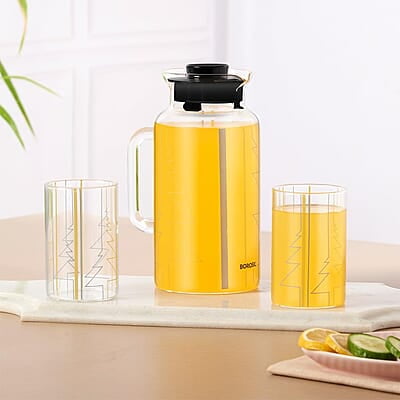 Borosil Artisan Series Sintra 1000ml Multipurpose Jug with 2 pc Medium (295 ml) Glass Set | 100% Borosilicate, Fridge & Freezer, Dishwasher Safe | Glass Jug with Tumbler | Transparent