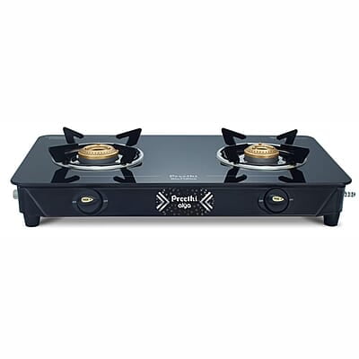 Preethi Alya Glass Top 2 Burner Gas Stove, Manual Ignition