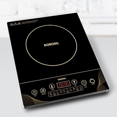 Borosil Smartkook-TC14 Electric Induction Cooktop, Glass Surface, Energy Saving, Flame-free Cooking, Black, 2000W