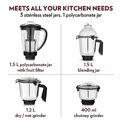 Borosil Fortuner Mixer Grinder Blender Juicer, Copper Motor, For Wet/Dry Mixing & Grinding, Blending Smoothies & Juicing Fruits 1000 Watts, 4 Jars (0.4L+1L+1.2L) (1.5L+1.5L+1.2L+0.4L)