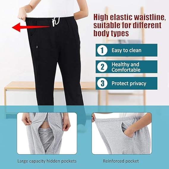 Catheter Leg Bag Pants for Women, Urine Bag Holder Pants with 2 Zippered Side Pockets, Holding 2x2000ml Catheter Bag for Nephrostomy, Foley, Cystostomy, Enterostomy, Urostomy Patients