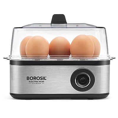 Borosil Electric Plus Egg Boiler, Boil Upto 8 Eggs At A Time, For Hard, Soft, Medium Boiled Eggs, Steamed Vegetables, Transparent Lid, Stainless Steel Exterior
