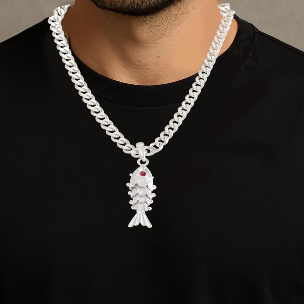 Sterling Silver Chain With Fish Pendant Modern Style For Men Sterling Silver Chain With Fish Pendant Modern Style For Men